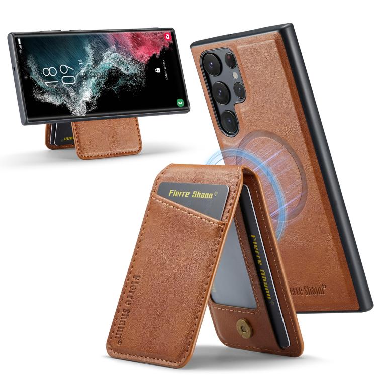 For Samsung Galaxy S25 Ultra 5G Fierre Shann Cowhide Vertical Flip Magnetic Card Holder Phone Case(Brown) - Galaxy S25 Ultra 5G Cases by FIERRE SHANN | Online Shopping UK | buy2fix