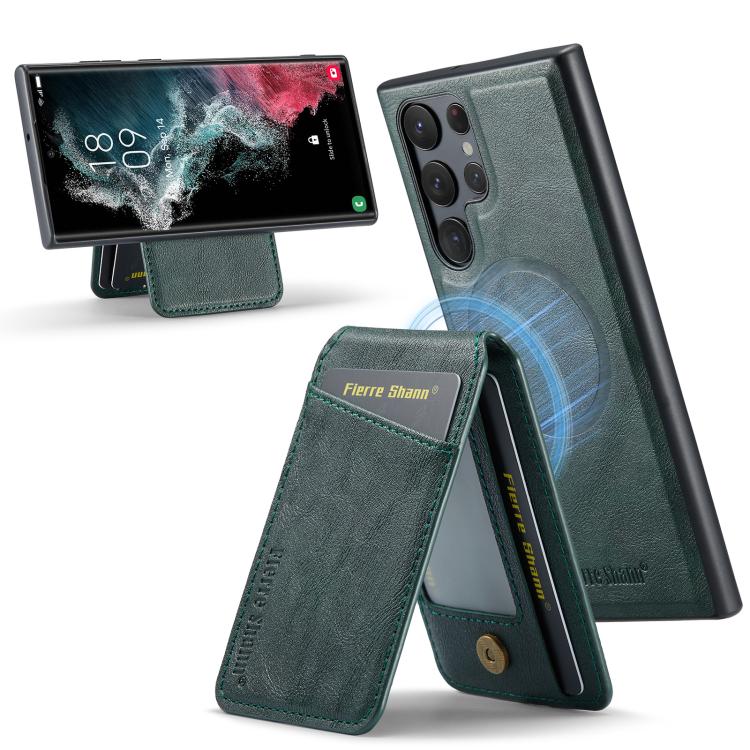 For Samsung Galaxy S25 Ultra 5G Fierre Shann Cowhide Vertical Flip Magnetic Card Holder Phone Case(Green) - Galaxy S25 Ultra 5G Cases by FIERRE SHANN | Online Shopping UK | buy2fix