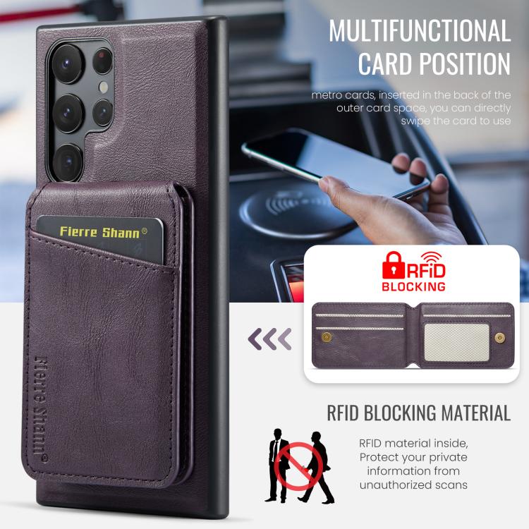 For Samsung Galaxy S25 Ultra 5G Fierre Shann Cowhide Vertical Flip Magnetic Card Holder Phone Case(Purple) - Galaxy S25 Ultra 5G Cases by FIERRE SHANN | Online Shopping UK | buy2fix