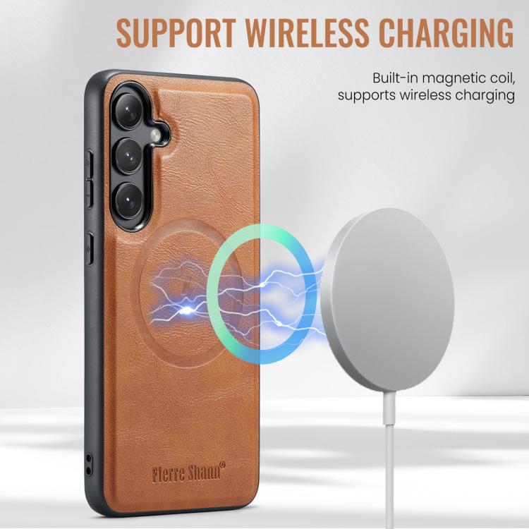 For Samsung Galaxy S25 5G Fierre Shann Cowhide Vertical Flip Magnetic Card Holder Phone Case(Brown) - Galaxy S25 5G Cases by FIERRE SHANN | Online Shopping UK | buy2fix