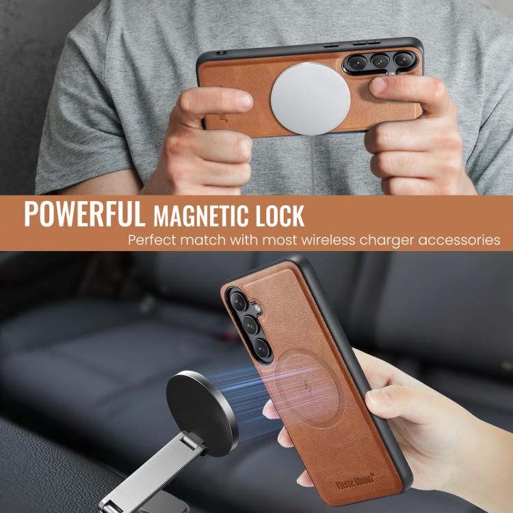 For Samsung Galaxy S25 5G Fierre Shann Cowhide Vertical Flip Magnetic Card Holder Phone Case(Brown) - Galaxy S25 5G Cases by FIERRE SHANN | Online Shopping UK | buy2fix