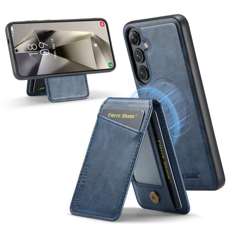 For Samsung Galaxy S25 5G Fierre Shann Cowhide Vertical Flip Magnetic Card Holder Phone Case(Blue) - Galaxy S25 5G Cases by FIERRE SHANN | Online Shopping UK | buy2fix