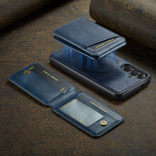 For Samsung Galaxy S25 5G Fierre Shann Cowhide Vertical Flip Magnetic Card Holder Phone Case(Blue) - Galaxy S25 5G Cases by FIERRE SHANN | Online Shopping UK | buy2fix