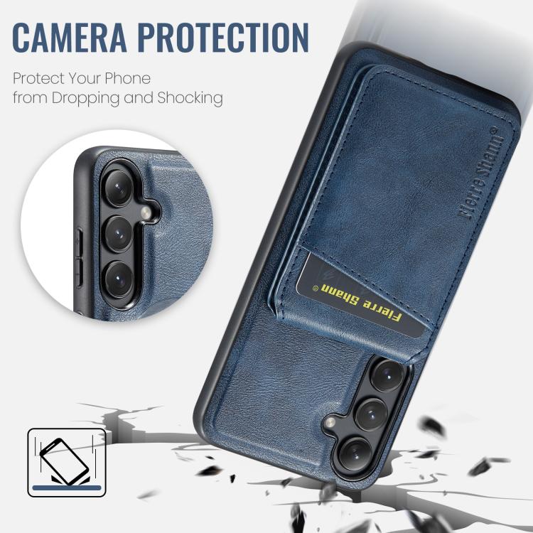 For Samsung Galaxy S25 5G Fierre Shann Cowhide Vertical Flip Magnetic Card Holder Phone Case(Blue) - Galaxy S25 5G Cases by FIERRE SHANN | Online Shopping UK | buy2fix