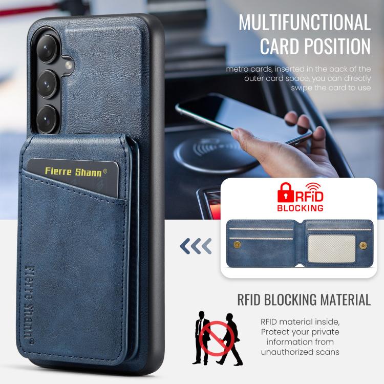 For Samsung Galaxy S25 5G Fierre Shann Cowhide Vertical Flip Magnetic Card Holder Phone Case(Blue) - Galaxy S25 5G Cases by FIERRE SHANN | Online Shopping UK | buy2fix