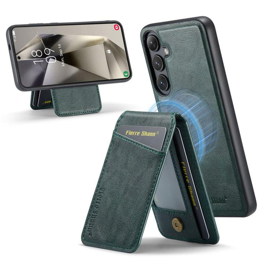 For Samsung Galaxy S25 5G Fierre Shann Cowhide Vertical Flip Magnetic Card Holder Phone Case(Green) - Galaxy S25 5G Cases by FIERRE SHANN | Online Shopping UK | buy2fix