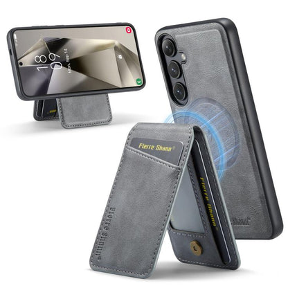 For Samsung Galaxy S25 5G Fierre Shann Cowhide Vertical Flip Magnetic Card Holder Phone Case(Grey) - Galaxy S25 5G Cases by FIERRE SHANN | Online Shopping UK | buy2fix