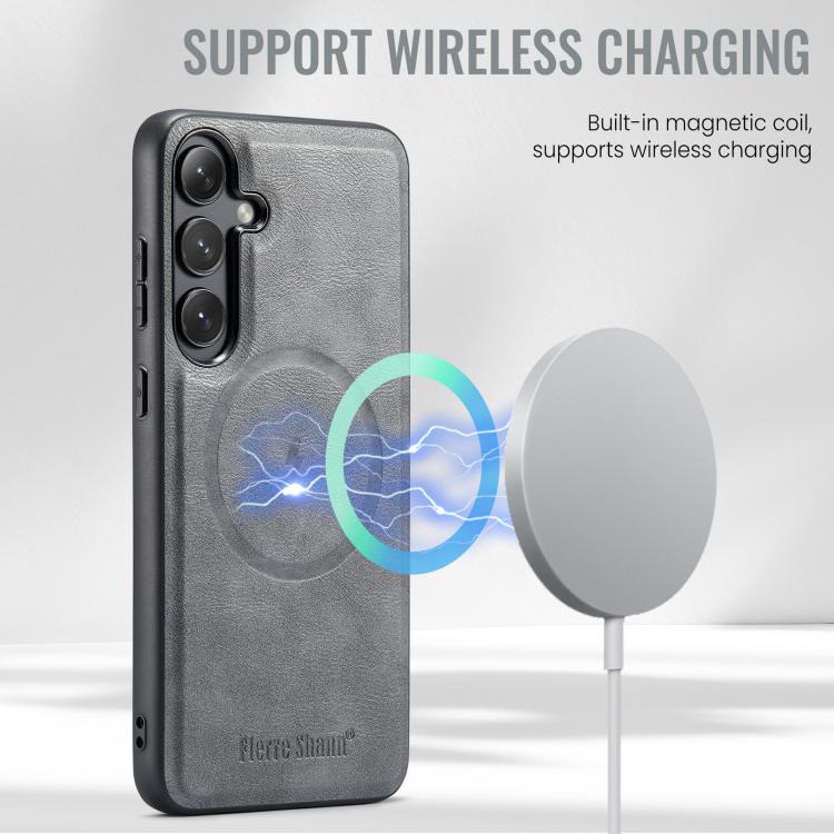 For Samsung Galaxy S25 5G Fierre Shann Cowhide Vertical Flip Magnetic Card Holder Phone Case(Grey) - Galaxy S25 5G Cases by FIERRE SHANN | Online Shopping UK | buy2fix