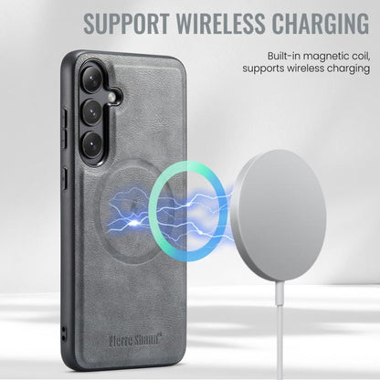 For Samsung Galaxy S25 5G Fierre Shann Cowhide Vertical Flip Magnetic Card Holder Phone Case(Grey) - Galaxy S25 5G Cases by FIERRE SHANN | Online Shopping UK | buy2fix