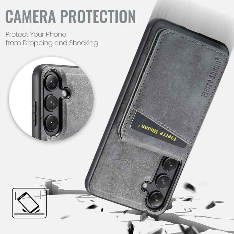 For Samsung Galaxy S25 5G Fierre Shann Cowhide Vertical Flip Magnetic Card Holder Phone Case(Grey) - Galaxy S25 5G Cases by FIERRE SHANN | Online Shopping UK | buy2fix