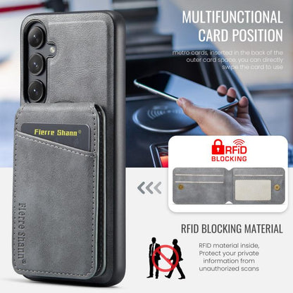 For Samsung Galaxy S25 5G Fierre Shann Cowhide Vertical Flip Magnetic Card Holder Phone Case(Grey) - Galaxy S25 5G Cases by FIERRE SHANN | Online Shopping UK | buy2fix