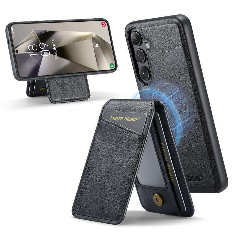 For Samsung Galaxy S25+ 5G Fierre Shann Cowhide Vertical Flip Magnetic Card Holder Phone Case(Black) - Galaxy S25+ 5G Cases by FIERRE SHANN | Online Shopping UK | buy2fix