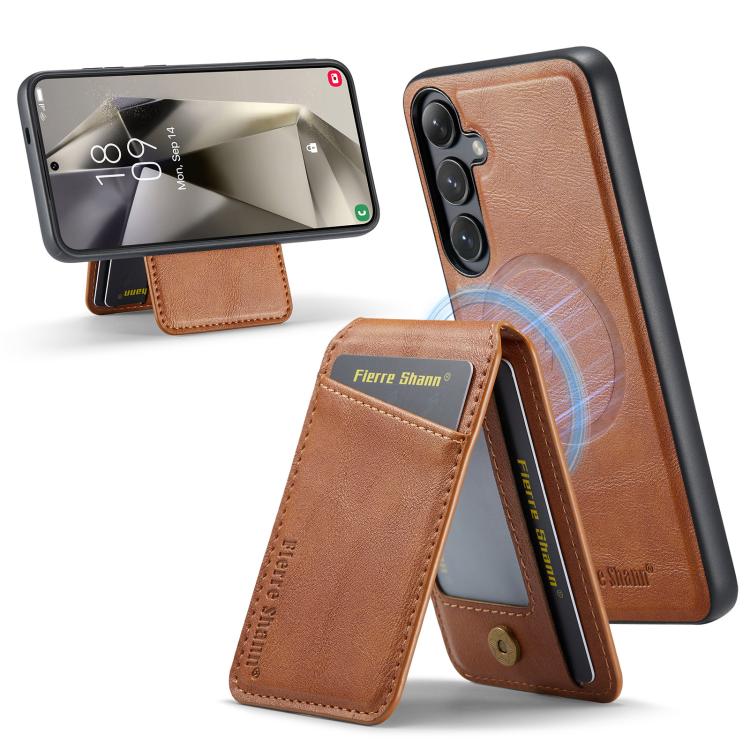 For Samsung Galaxy S25+ 5G Fierre Shann Cowhide Vertical Flip Magnetic Card Holder Phone Case(Brown) - Galaxy S25+ 5G Cases by FIERRE SHANN | Online Shopping UK | buy2fix