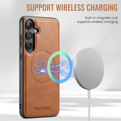 For Samsung Galaxy S25+ 5G Fierre Shann Cowhide Vertical Flip Magnetic Card Holder Phone Case(Brown) - Galaxy S25+ 5G Cases by FIERRE SHANN | Online Shopping UK | buy2fix