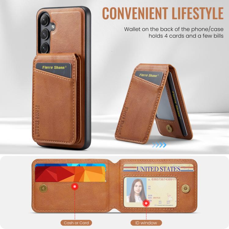 For Samsung Galaxy S25+ 5G Fierre Shann Cowhide Vertical Flip Magnetic Card Holder Phone Case(Brown) - Galaxy S25+ 5G Cases by FIERRE SHANN | Online Shopping UK | buy2fix