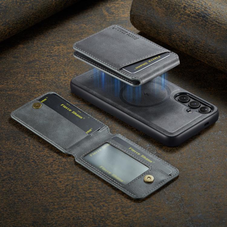 For Samsung Galaxy S25+ 5G Fierre Shann Cowhide Vertical Flip Magnetic Card Holder Phone Case(Grey) - Galaxy S25+ 5G Cases by FIERRE SHANN | Online Shopping UK | buy2fix