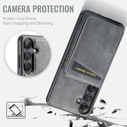 For Samsung Galaxy S25+ 5G Fierre Shann Cowhide Vertical Flip Magnetic Card Holder Phone Case(Grey) - Galaxy S25+ 5G Cases by FIERRE SHANN | Online Shopping UK | buy2fix
