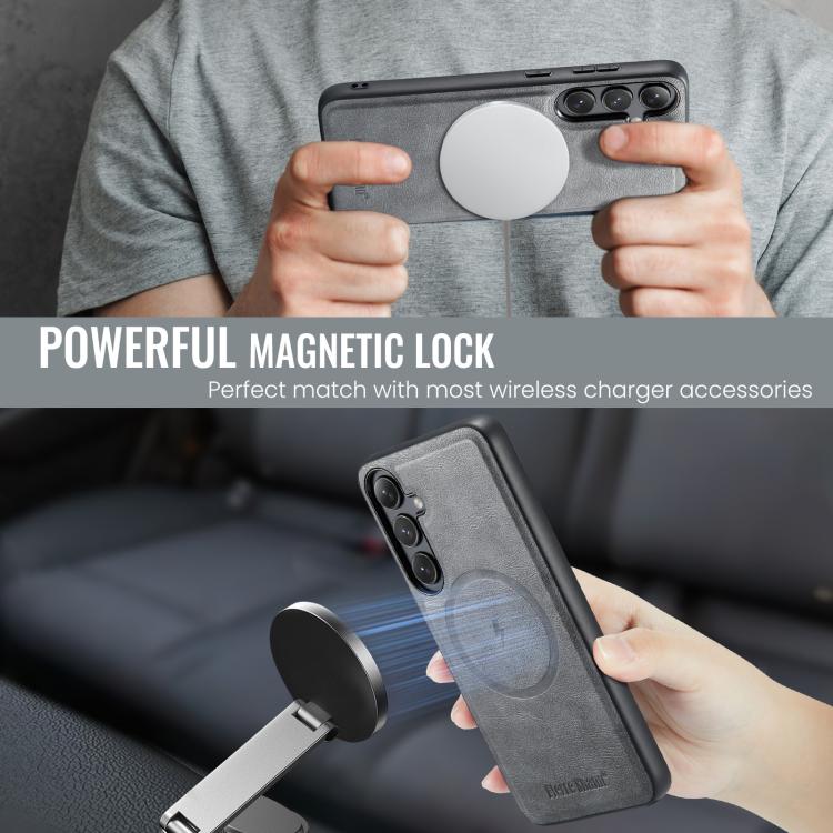 For Samsung Galaxy S25+ 5G Fierre Shann Cowhide Vertical Flip Magnetic Card Holder Phone Case(Grey) - Galaxy S25+ 5G Cases by FIERRE SHANN | Online Shopping UK | buy2fix