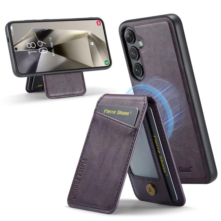 For Samsung Galaxy S25+ 5G Fierre Shann Cowhide Vertical Flip Magnetic Card Holder Phone Case(Purple) - Galaxy S25+ 5G Cases by FIERRE SHANN | Online Shopping UK | buy2fix