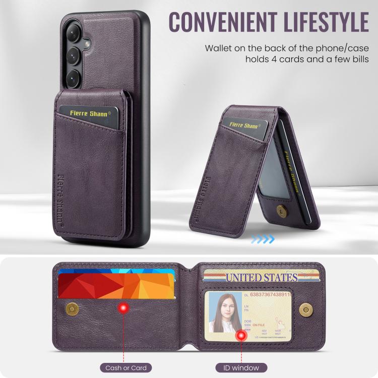 For Samsung Galaxy S25+ 5G Fierre Shann Cowhide Vertical Flip Magnetic Card Holder Phone Case(Purple) - Galaxy S25+ 5G Cases by FIERRE SHANN | Online Shopping UK | buy2fix