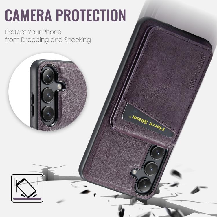 For Samsung Galaxy S25+ 5G Fierre Shann Cowhide Vertical Flip Magnetic Card Holder Phone Case(Purple) - Galaxy S25+ 5G Cases by FIERRE SHANN | Online Shopping UK | buy2fix