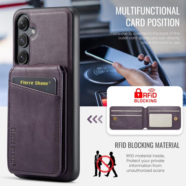 For Samsung Galaxy S25+ 5G Fierre Shann Cowhide Vertical Flip Magnetic Card Holder Phone Case(Purple) - Galaxy S25+ 5G Cases by FIERRE SHANN | Online Shopping UK | buy2fix