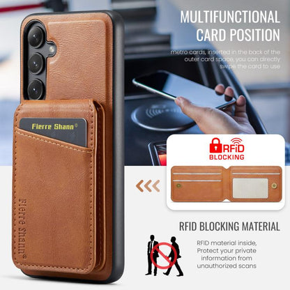For Samsung Galaxy S24 FE 5G Fierre Shann Cowhide Vertical Flip Magnetic Card Holder Phone Case(Brown) - Galaxy S24 FE 5G Cases by FIERRE SHANN | Online Shopping UK | buy2fix