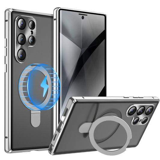 For Samsung Galaxy S23 Ultra 5G MagSafe Magnetic Privacy Frosted Tempered Glass Holder Phone Case(Silver) - Galaxy S23 Ultra 5G Cases by buy2fix | Online Shopping UK | buy2fix