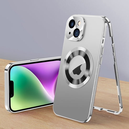 For iPhone 14 Plus Magnetic HD Tempered Glass Phone Case(Silver)