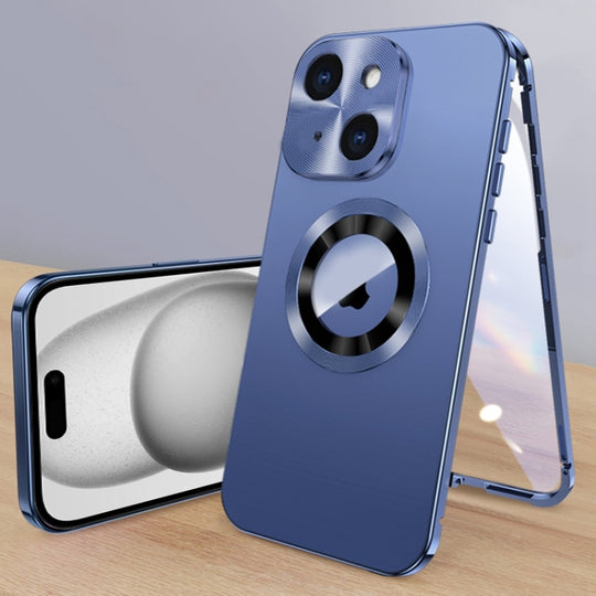 For iPhone 15 Magnetic HD Tempered Glass Phone Case(Dark Blue)