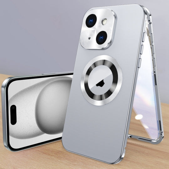 For iPhone 15 Magnetic HD Tempered Glass Phone Case(Silver)
