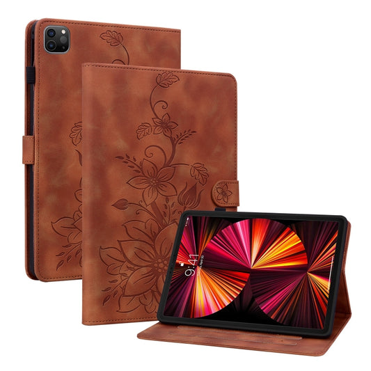 For iPad Pro 12.9 2022 / 2021 / 2020 Lily Embossed Leather Smart Tablet Case(Brown) - iPad Pro 12.9 (2022/2021) Cases by buy2fix | Online Shopping UK | buy2fix