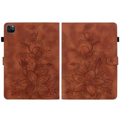 For iPad Pro 12.9 2022 / 2021 / 2020 Lily Embossed Leather Smart Tablet Case(Brown) - iPad Pro 12.9 (2022/2021) Cases by buy2fix | Online Shopping UK | buy2fix