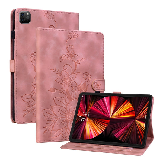For iPad Pro 12.9 2022 / 2021 / 2020 Lily Embossed Leather Smart Tablet Case(Pink)