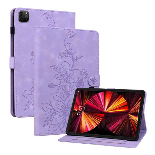 For iPad Pro 12.9 2022 / 2021 / 2020 Lily Embossed Leather Smart Tablet Case(Purple) - iPad Pro 12.9 (2022/2021) Cases by buy2fix | Online Shopping UK | buy2fix