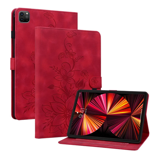 For iPad Pro 12.9 2022 / 2021 / 2020 Lily Embossed Leather Smart Tablet Case(Red) - iPad Pro 12.9 (2022/2021) Cases by buy2fix | Online Shopping UK | buy2fix