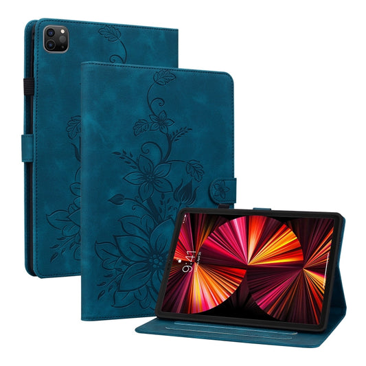 For iPad Pro 12.9 2022 / 2021 / 2020 Lily Embossed Leather Smart Tablet Case(Dark Blue) - iPad Pro 12.9 (2022/2021) Cases by buy2fix | Online Shopping UK | buy2fix