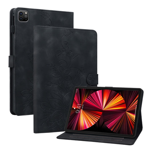 For iPad Pro 12.9 2022 / 2021 / 2020 Lily Embossed Leather Smart Tablet Case(Black) - iPad Pro 12.9 (2022/2021) Cases by buy2fix | Online Shopping UK | buy2fix