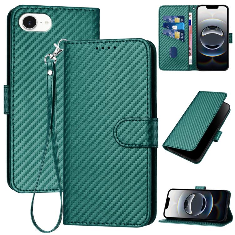 For iPhone 16e YX0070 Carbon Fiber Buckle Leather Phone Case with Lanyard(Dark Green) by buy2fix