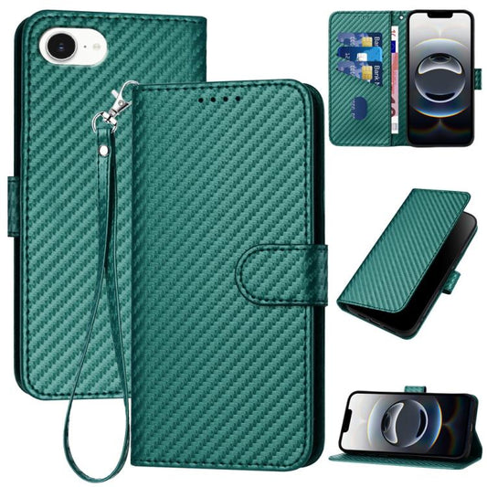 For iPhone 16e YX0070 Carbon Fiber Buckle Leather Phone Case with Lanyard(Dark Green) by buy2fix