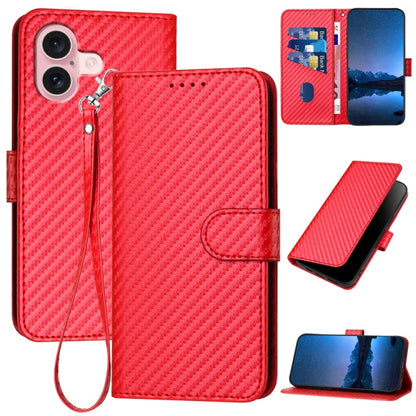 For iPhone 16 YX0070 Carbon Fiber Buckle Leather Phone Case with Lanyard(Red) by buy2fix