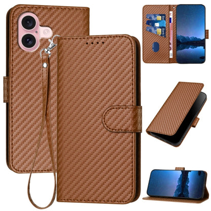 For iPhone 16 YX0070 Carbon Fiber Buckle Leather Phone Case with Lanyard(Coffee) by buy2fix