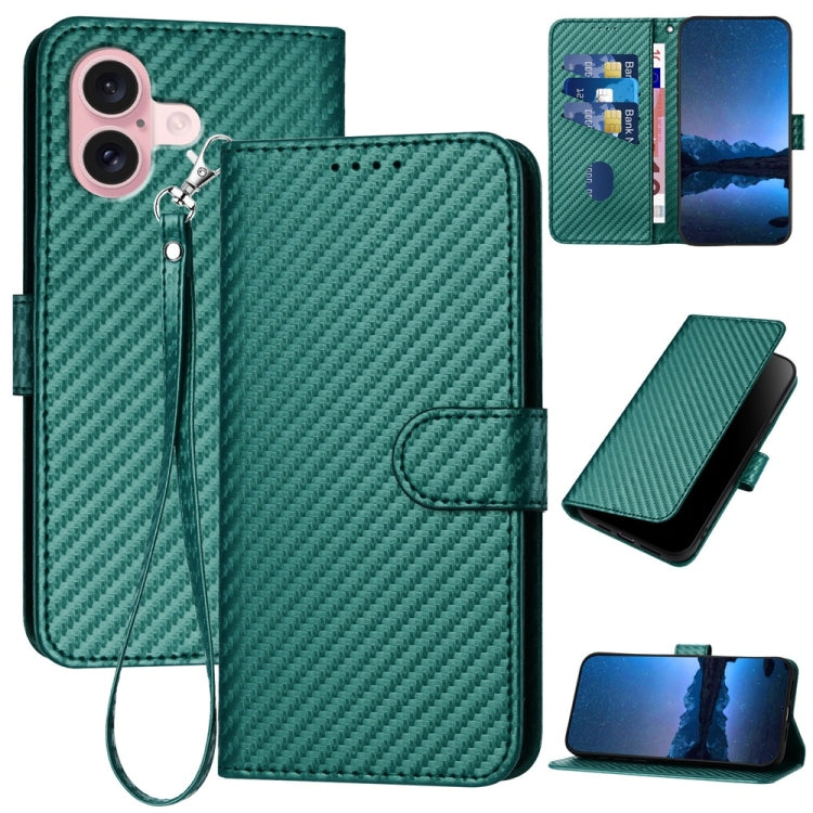 For iPhone 16 YX0070 Carbon Fiber Buckle Leather Phone Case with Lanyard(Dark Green) by buy2fix
