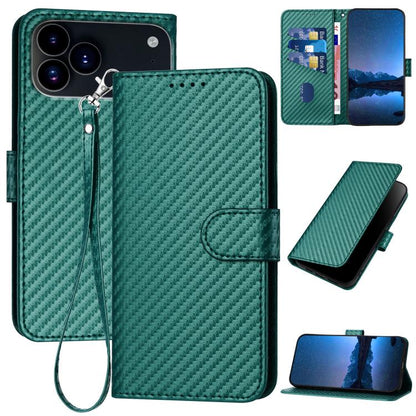 For iPhone 17 Pro YX0070 Carbon Fiber Buckle Leather Phone Case with Lanyard(Dark Green) - iPhone 17 Pro Cases by buy2fix | Online Shopping UK | buy2fix