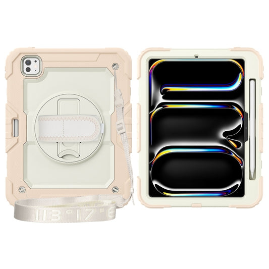 For iPad Pro 11 2025 / 2024 Lucky Wheel Grip Silicone Hybrid PC Tablet Case with Shoulder Strap(Cream+Rose Gold) by buy2fix