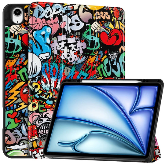 For iPad Air 13 2024 / 2025 / 2026 Custer Painted 3-Fold Holder Smart Leather Tablet Case with Pen Tray(Graffiti)
