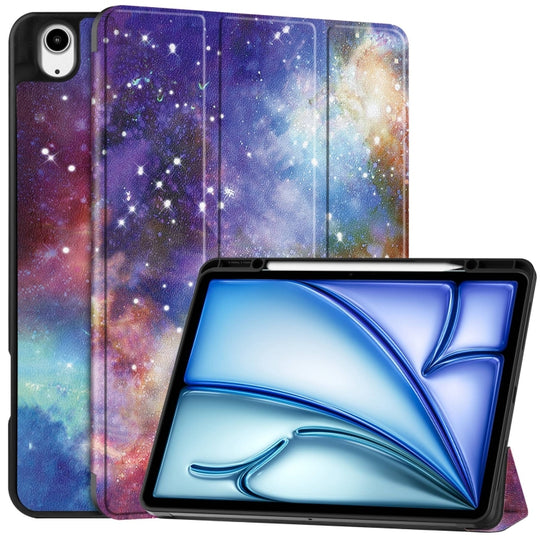 For iPad Air 13 2024 / 2025 / 2026 Custer Painted 3-Fold Holder Smart Leather Tablet Case with Pen Tray(Milky Way Nebula)