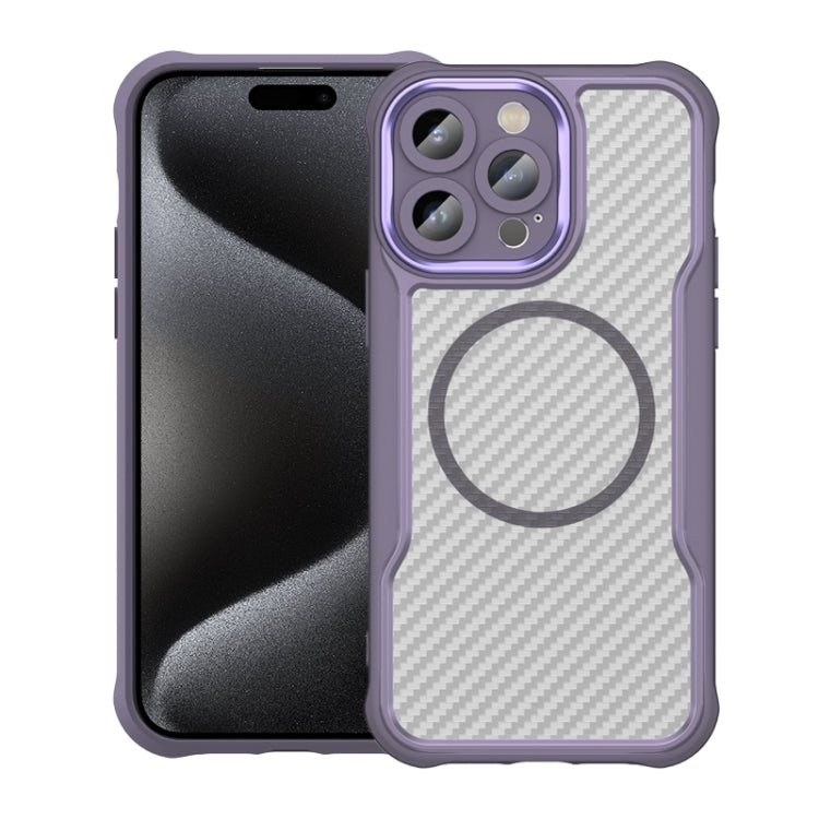 For iPhone 15 Pro Max Carbon Fiber Texture MagSafe Translucent Phone Case(Purple) by buy2fix