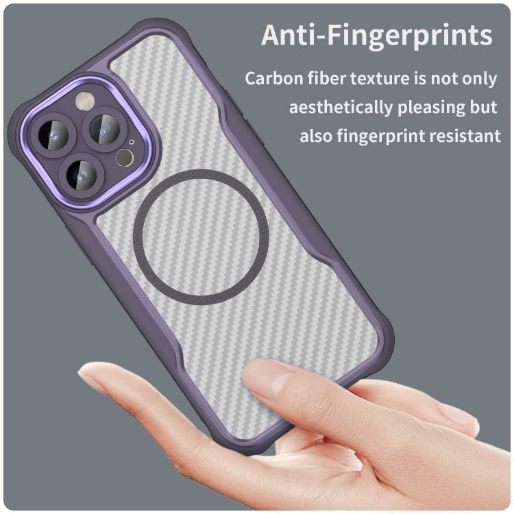 For iPhone 15 Pro Max Carbon Fiber Texture MagSafe Translucent Phone Case(Purple) by buy2fix