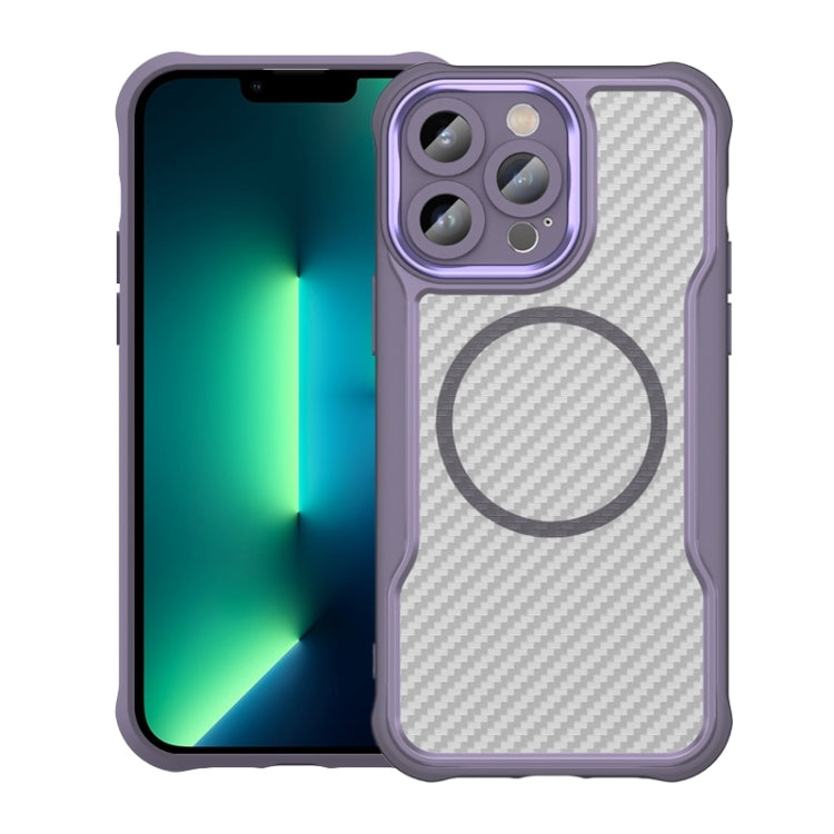 For iPhone 13 Pro Max Carbon Fiber Texture MagSafe Translucent Phone Case(Purple) by buy2fix